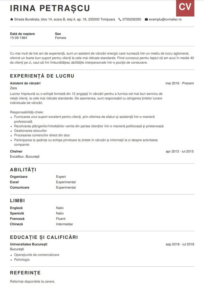 Exemplu de CV din retail