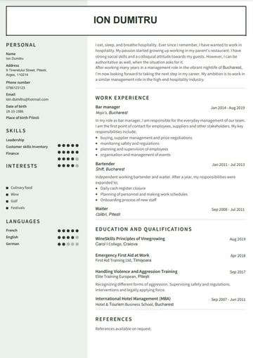 exemplu de CV barman în engleză