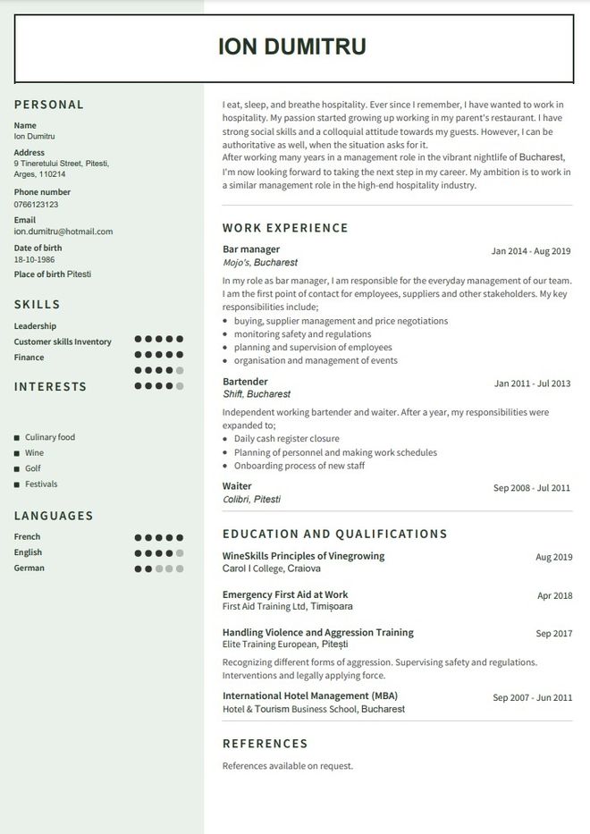 exemplu de CV barman în engleză