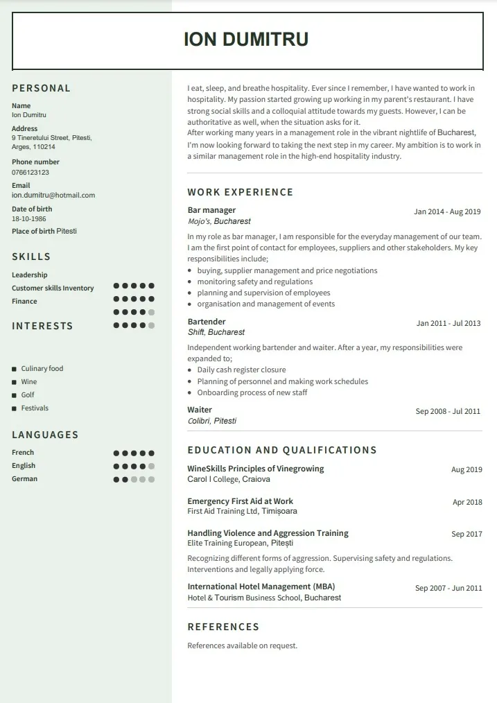 exemplu de CV barman în engleză