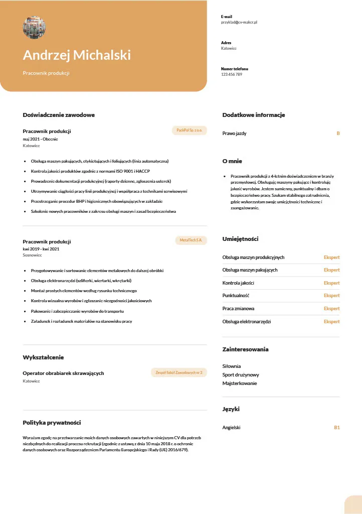 CV pracownik fizyczny