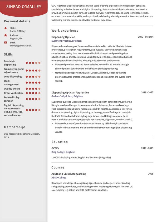 optician cv example