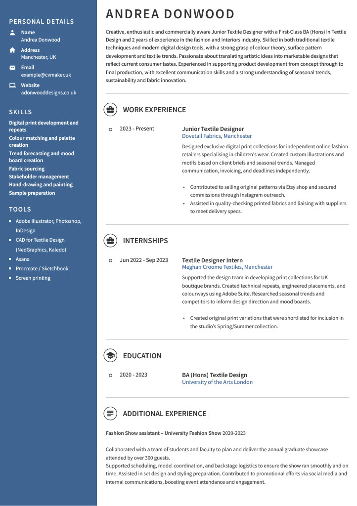 textile designer CV example