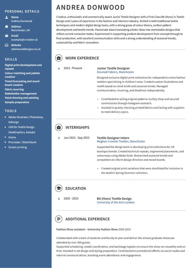 textile designer CV example