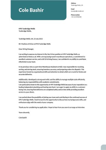 Example Driver Cover Letter