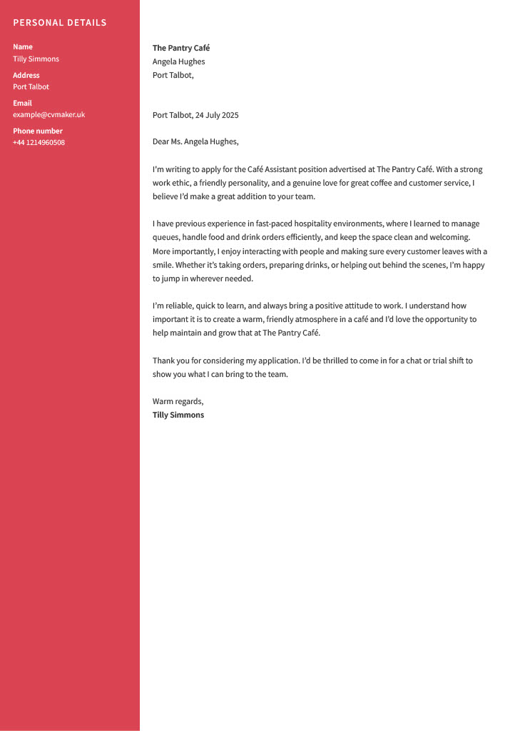 cafe cover letter example