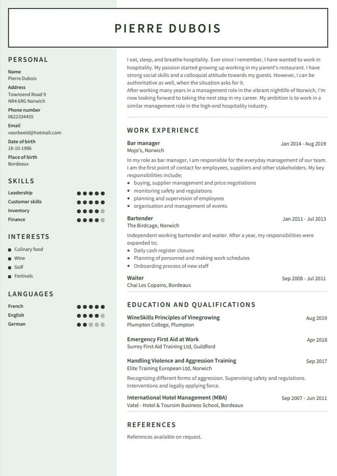 CV anglais exemple