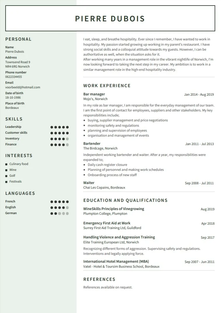 CV anglais exemple