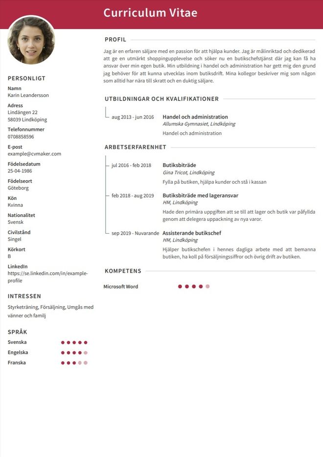 CV exempel – Butiksbiträde