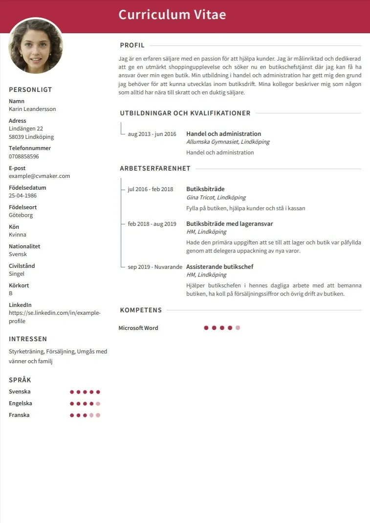 CV exempel – Butiksbiträde