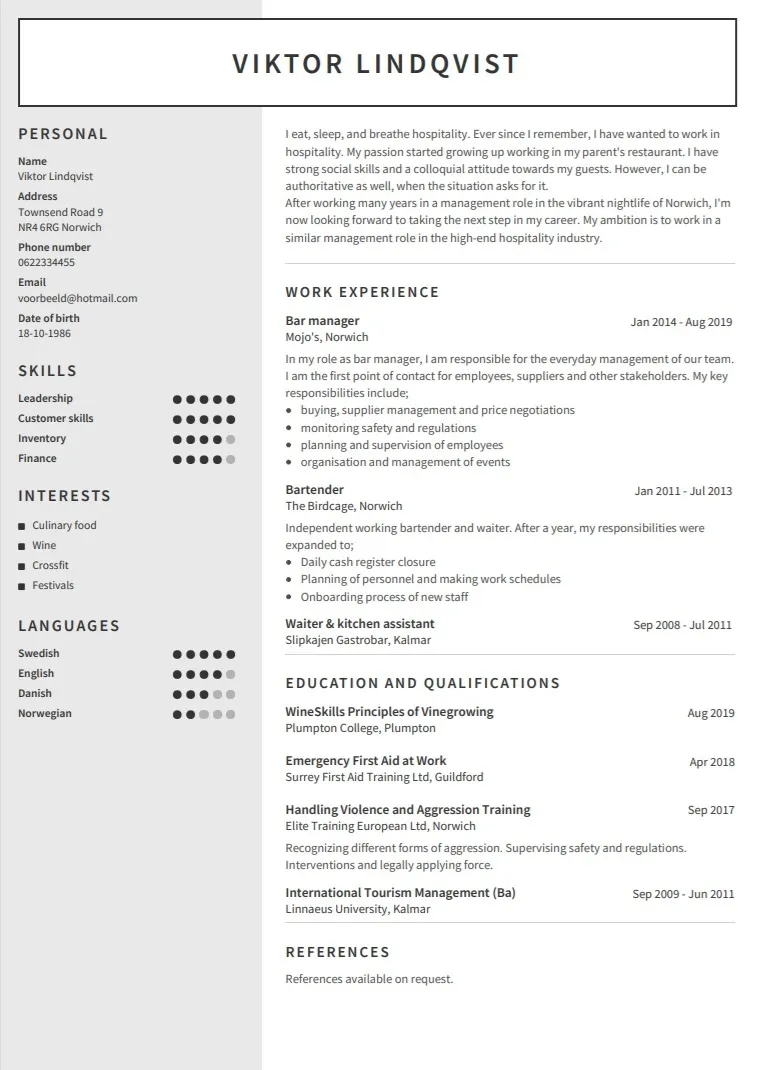 CV pa Engelska exempel