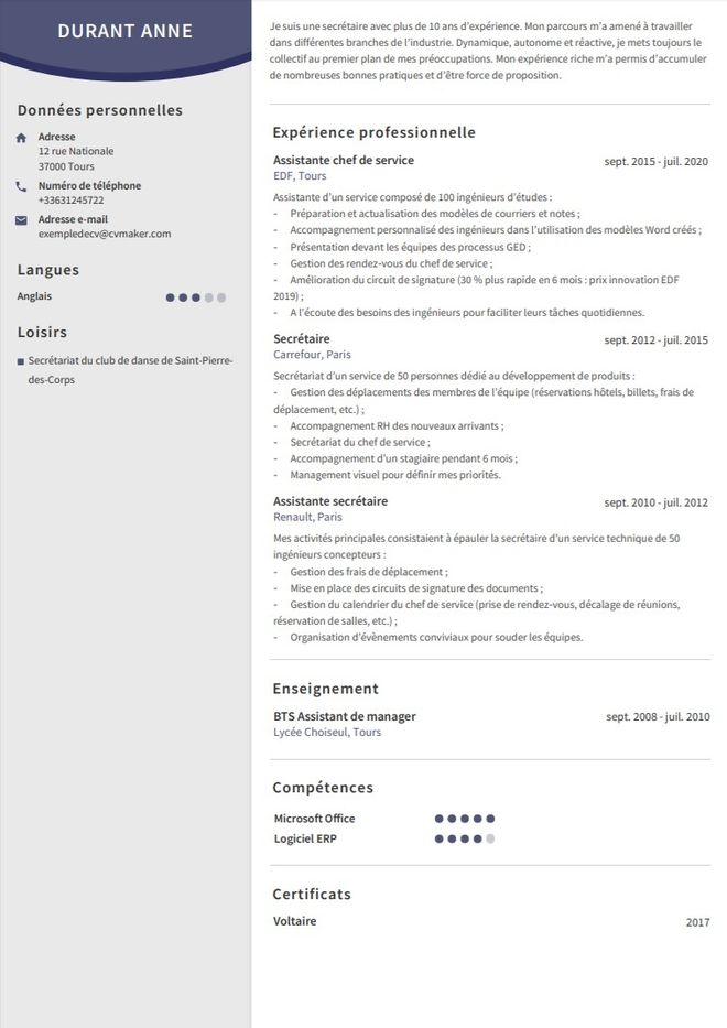 CV de secrétaire exemple