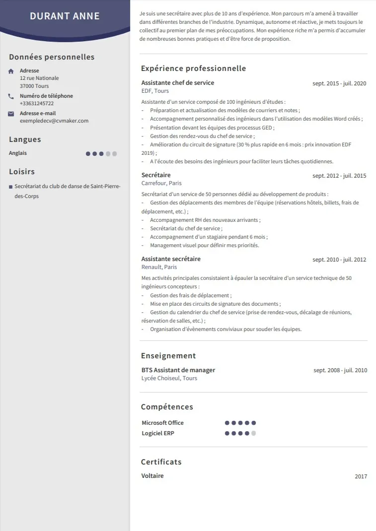 CV de secrétaire exemple