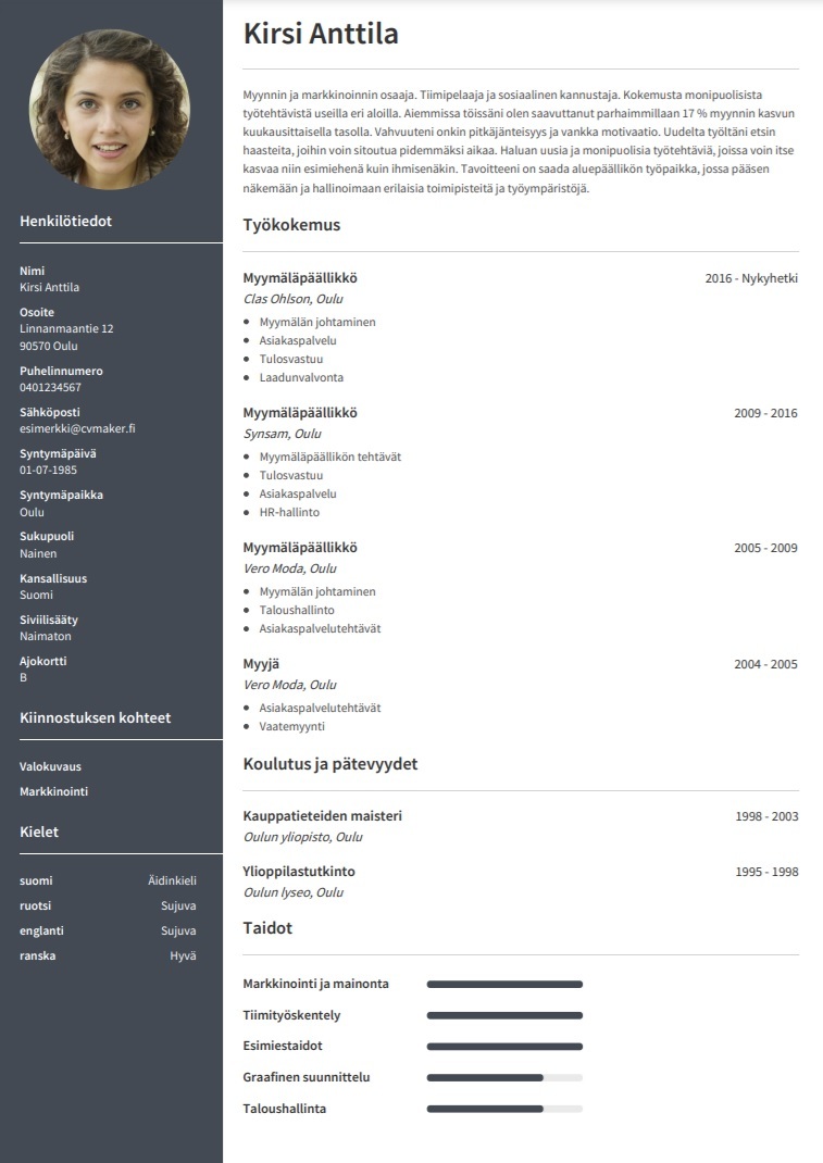 CV esimerkki – Myymälänhoitaja