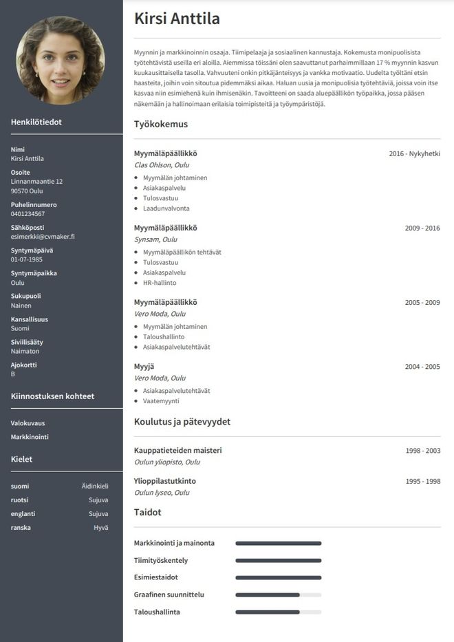 CV esimerkki – Myymälänhoitaja