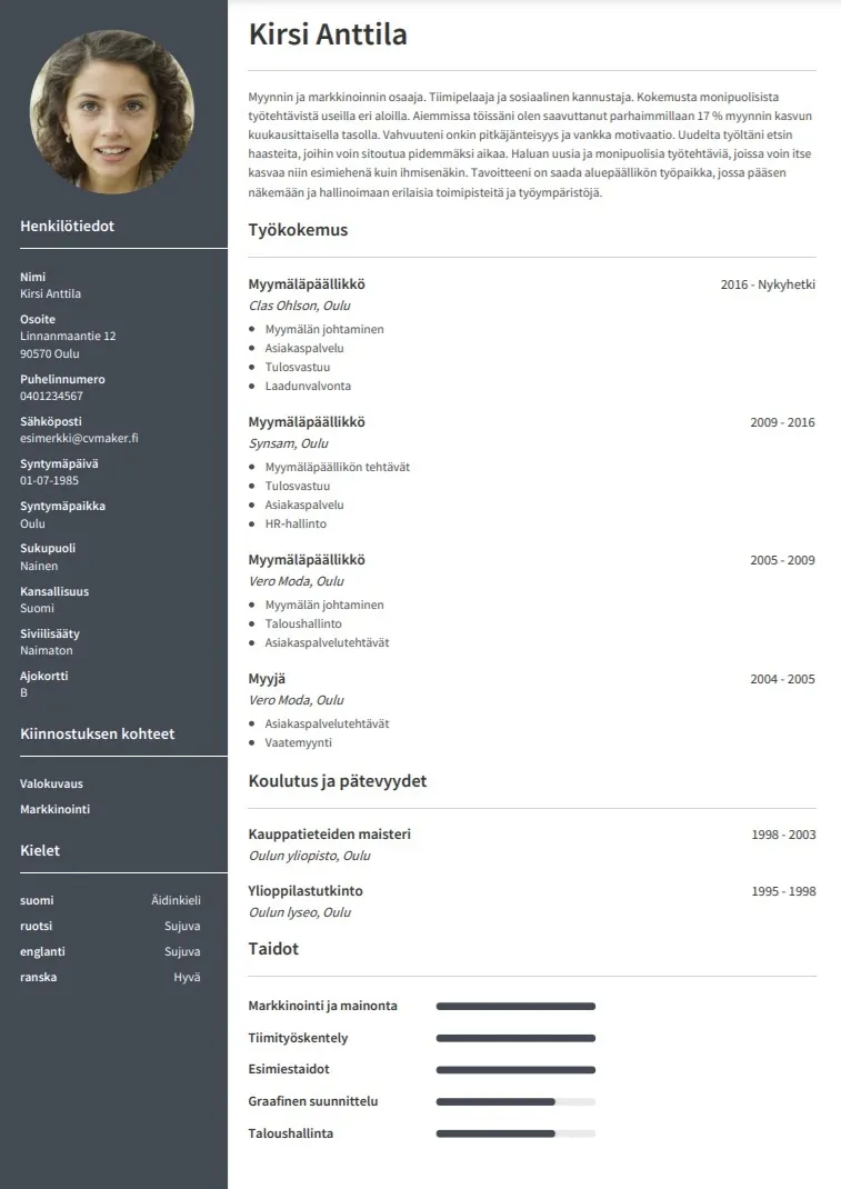 CV esimerkki – Myymälänhoitaja
