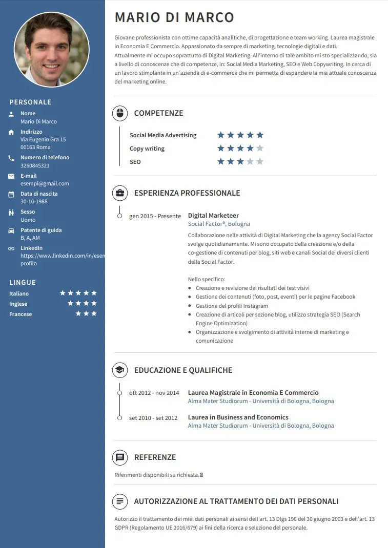 Curriculum Vitae esempio : online marketing