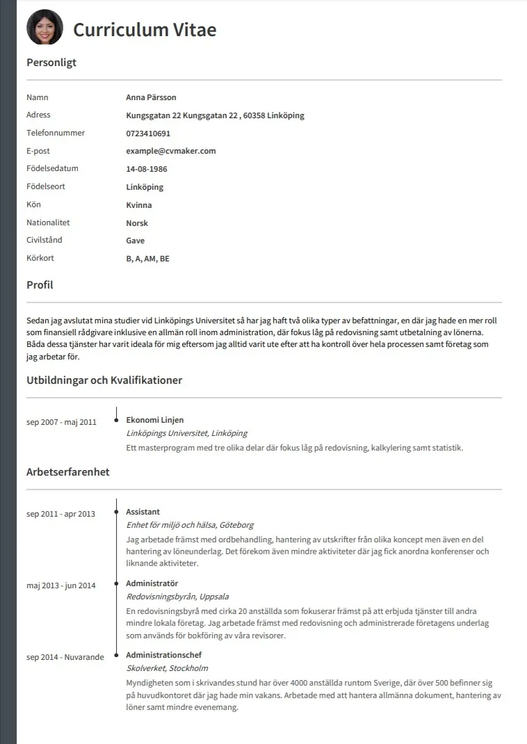 CV exempel – Universitetsutbildad söker Assistenttjänst