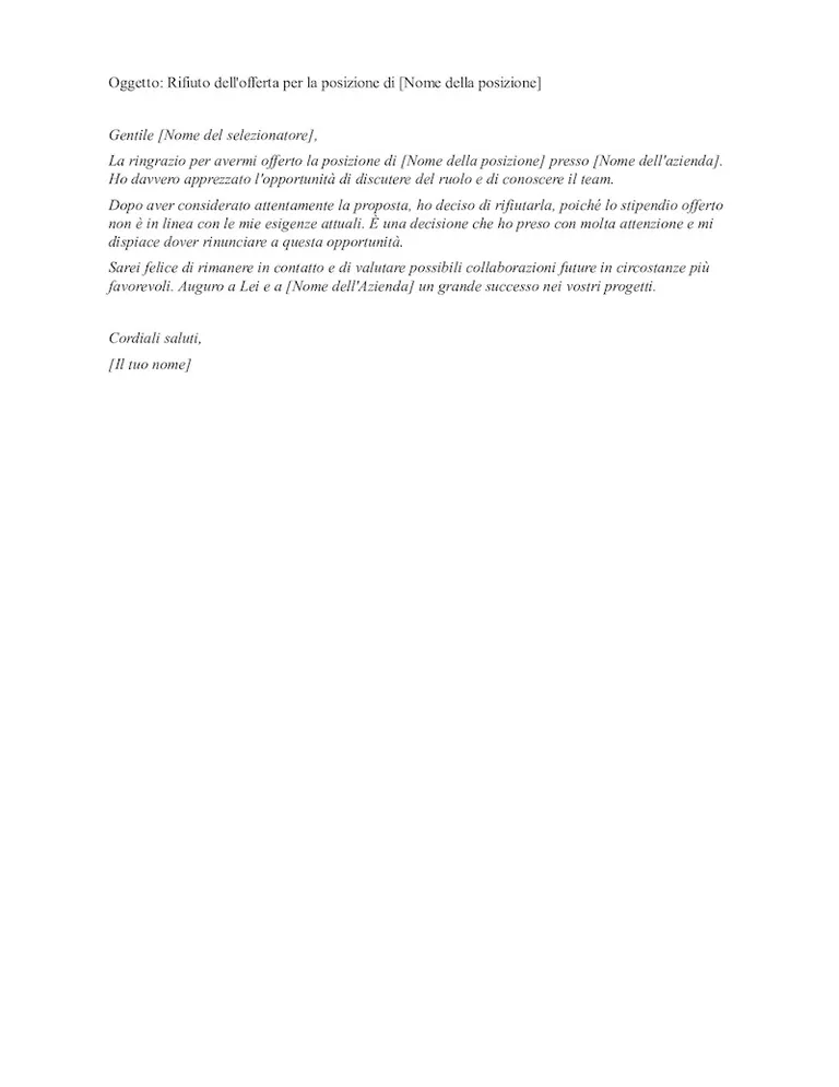 Esempio rifiuto per stipendio non adeguato