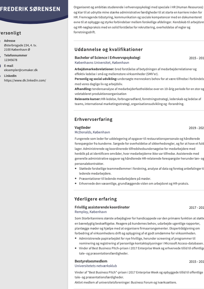 Eksempel på CV for studerende