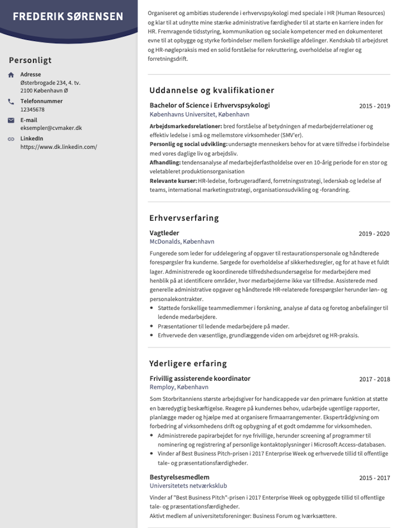 Eksempel på CV for studerende