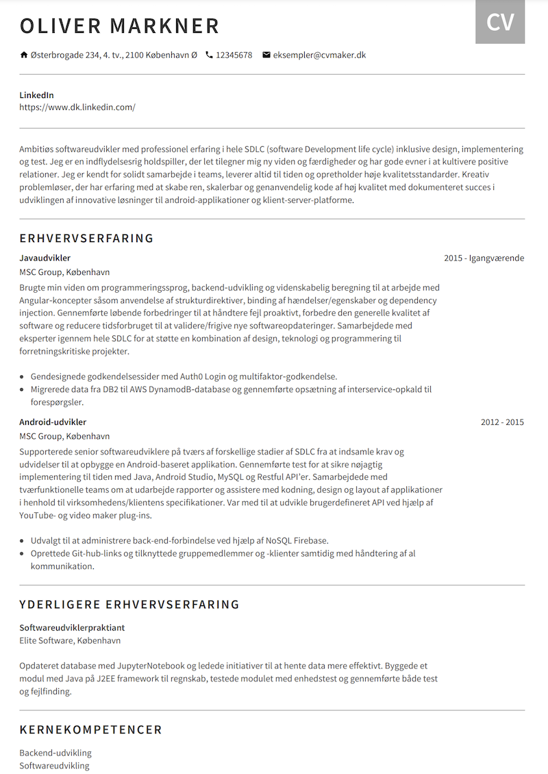 Eksempel på softwareudvikler-CV