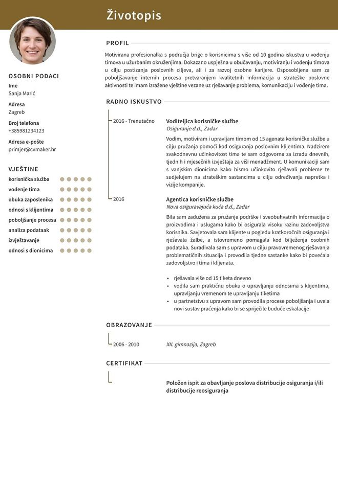 Primjer životopisa službe za korisnike