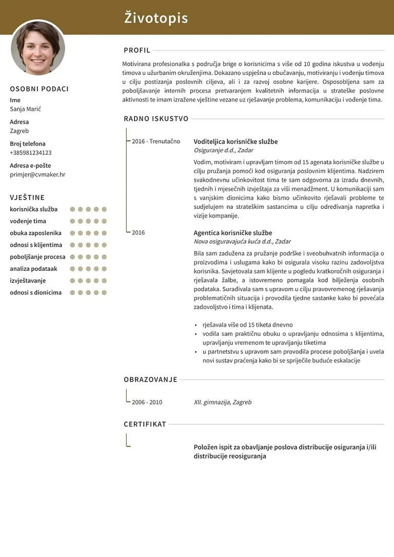 Primjer životopisa službe za korisnike