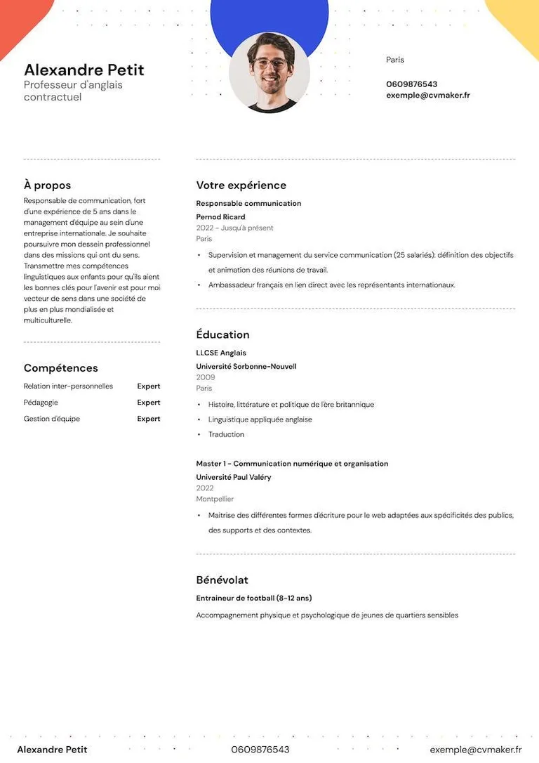 CV exemple d'enseignant