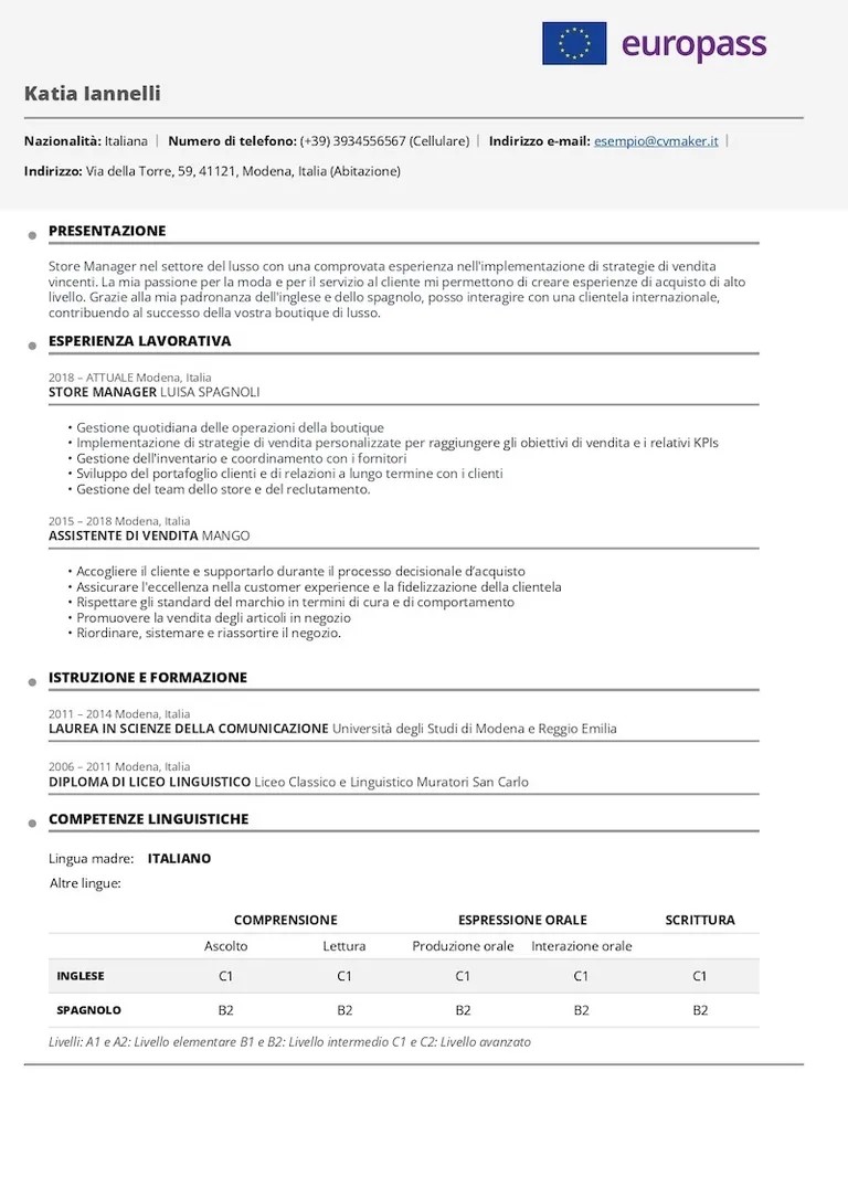 Esempio di CV Europass