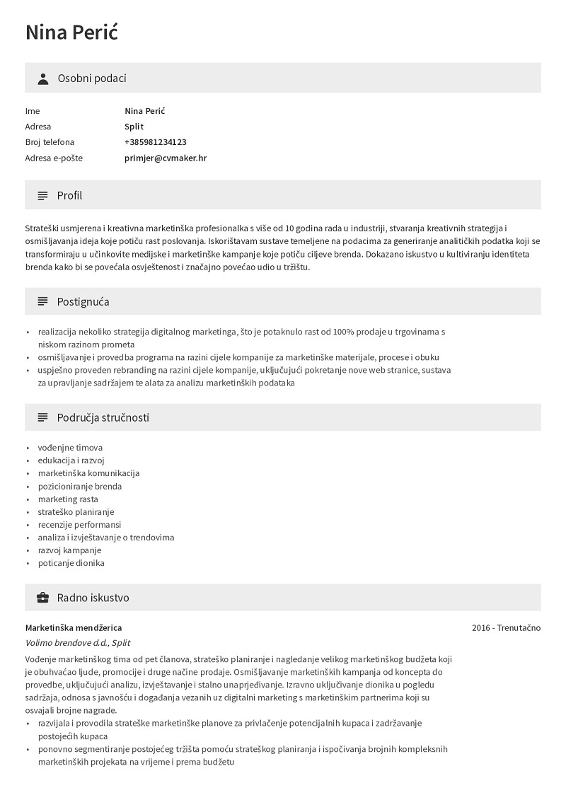 Primjer životopisa za marketing