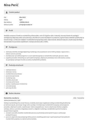 Primjer životopisa za marketing
