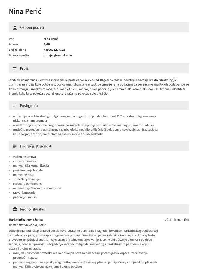 Primjer životopisa za marketing