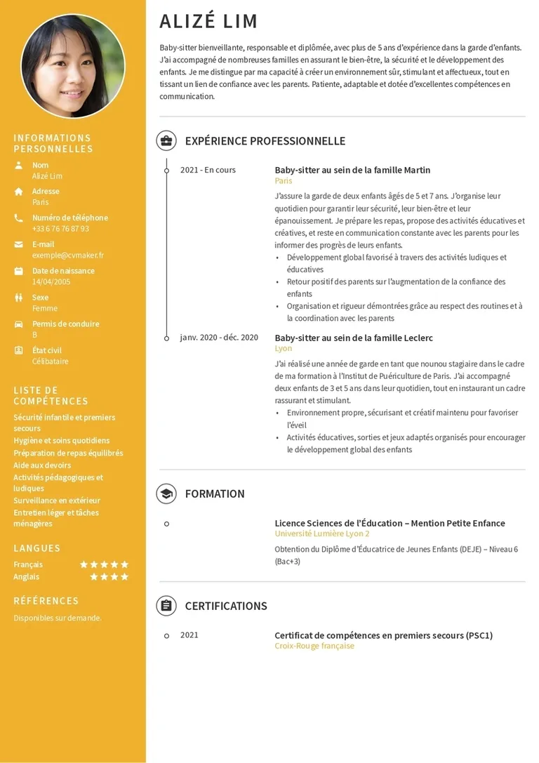 Modèles de CV baby sitter