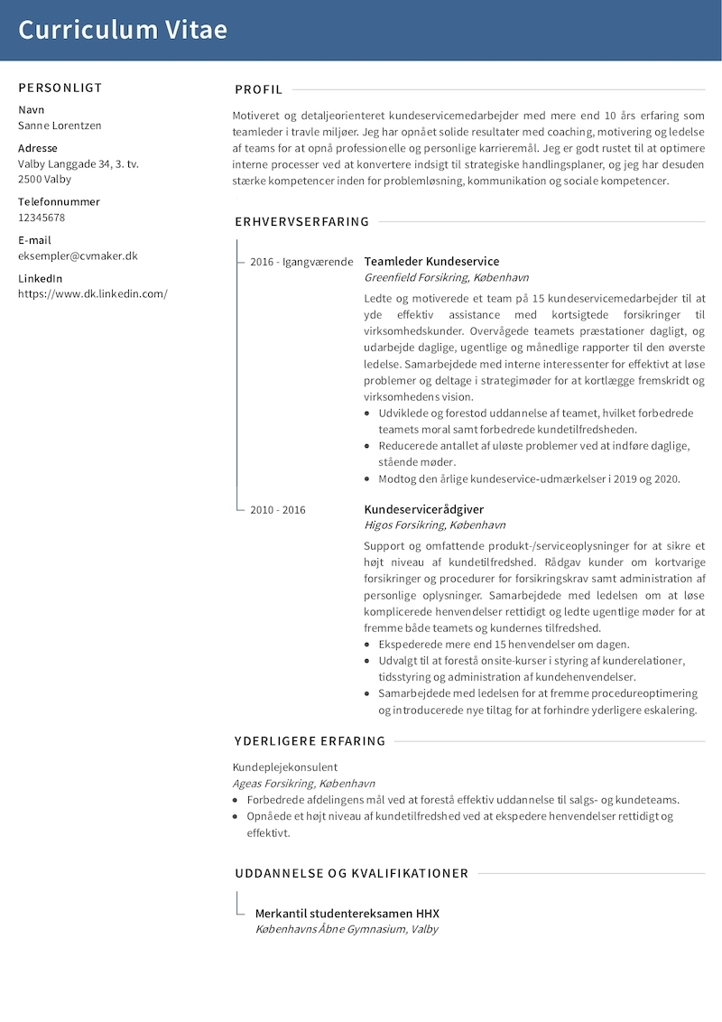 Eksempel på et CV til en kundeservicemedarbejder