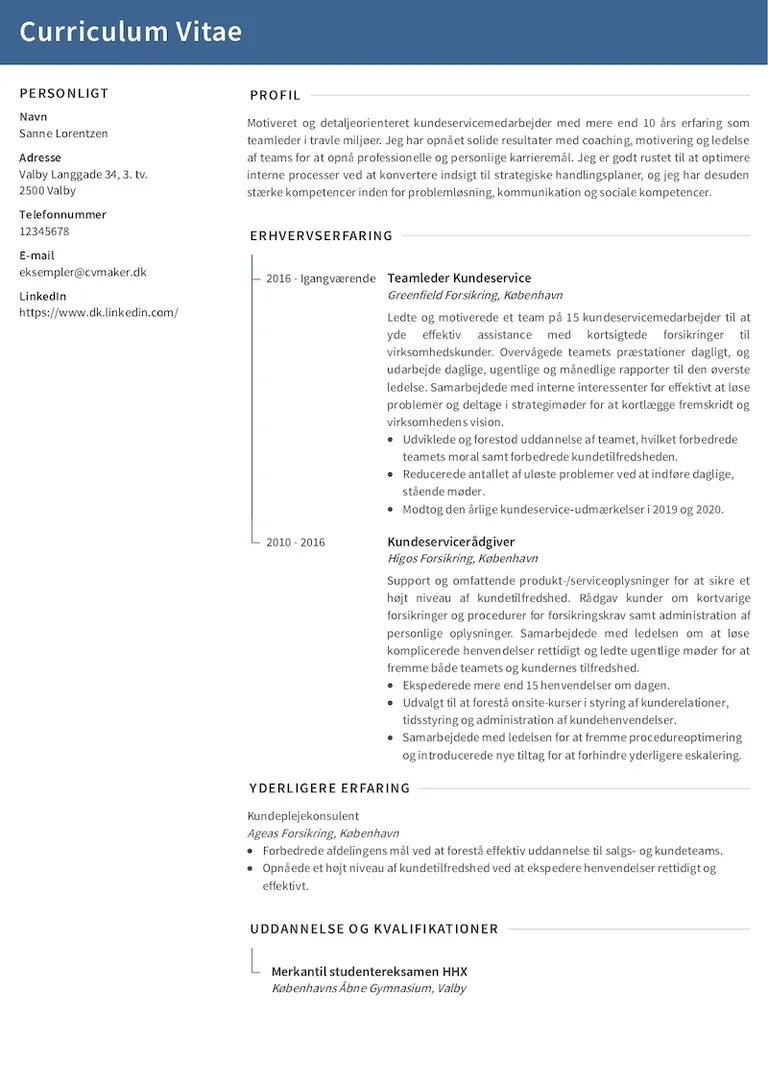 Eksempel på et CV til en kundeservicemedarbejder
