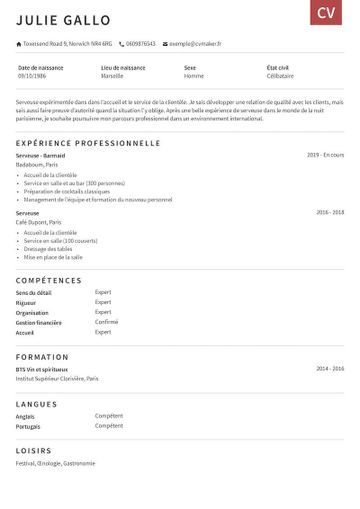 CV serveuse exemple