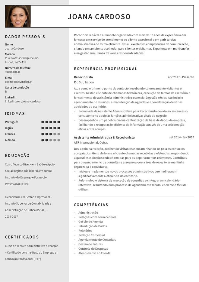 Exemplo de CV de rececionista
