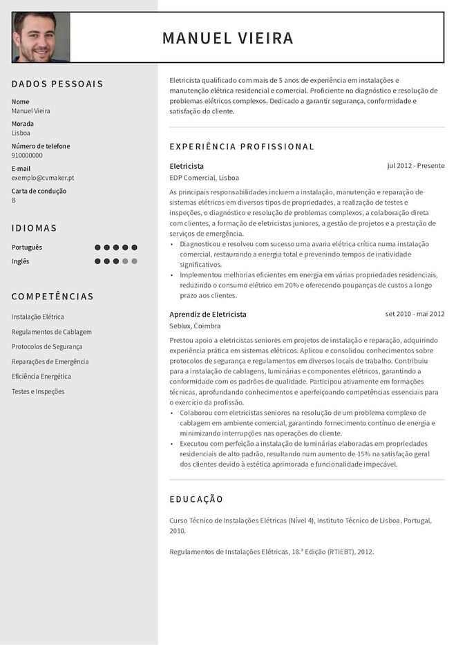 Exemplo de um currículo de eletricista