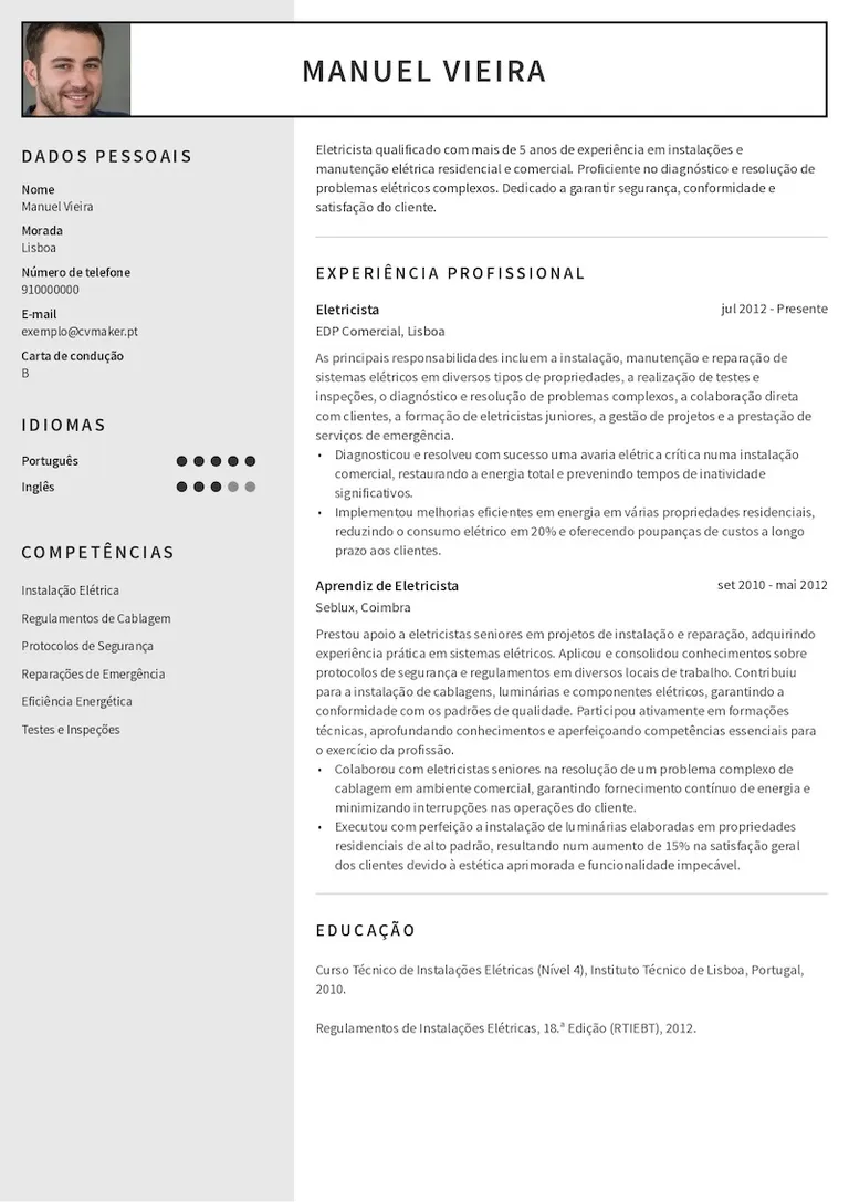 Exemplo de um currículo de eletricista