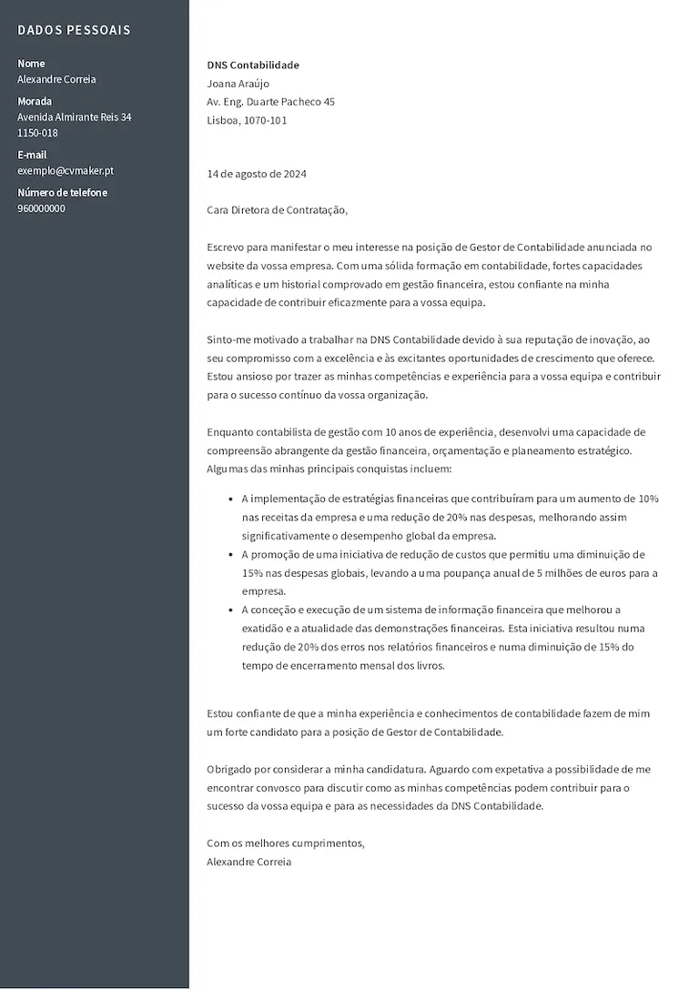 Exemplo de Carta de Apresentação – Harvard