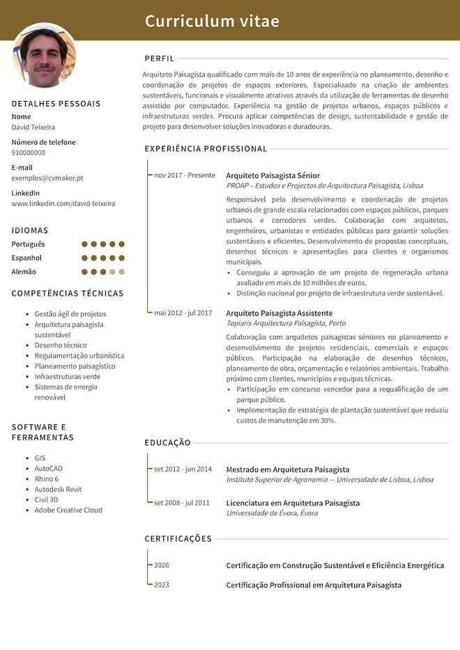 Exemplo de currículo de arquiteto