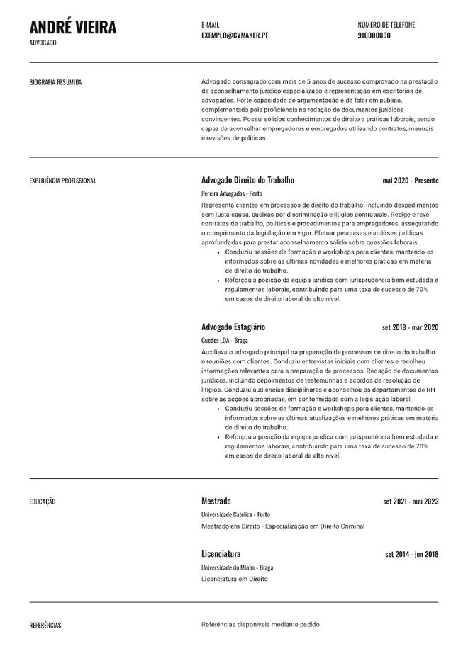 Exemplo de curriculum vitae de advogado