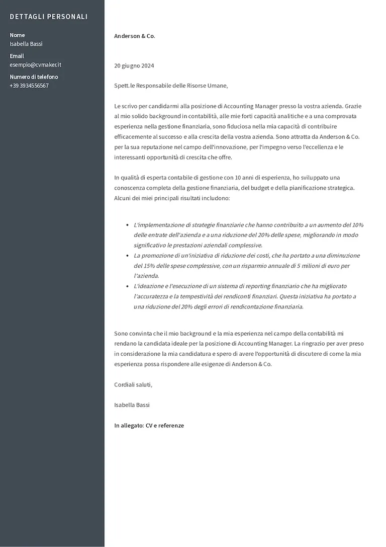 Esempio di lettera di presentazione per contabile