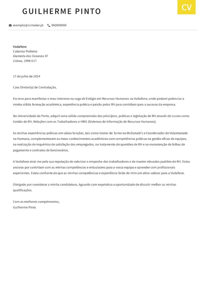 Exemplo de carta de apresentação simples