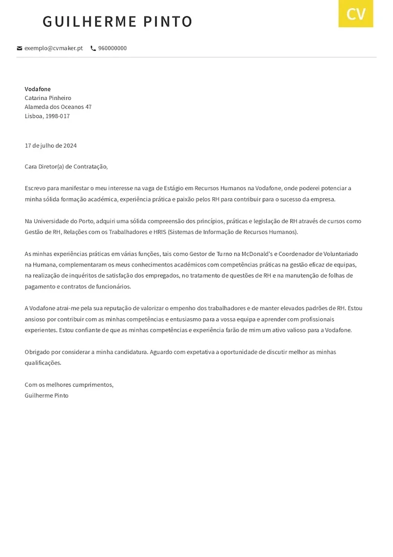 Exemplo de Carta de Apresentação – Otago
