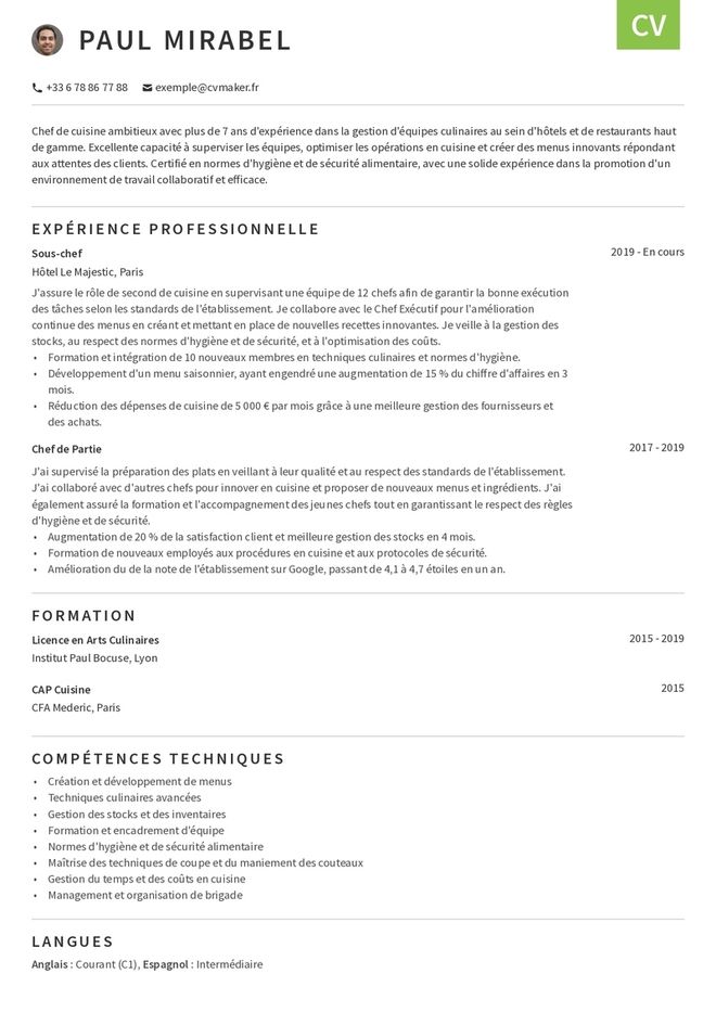CV cuisinier exemple