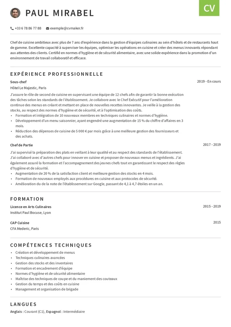 CV cuisinier exemple