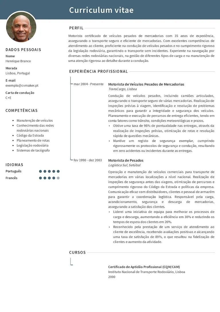 Exemplo de currículo vitae para motorista