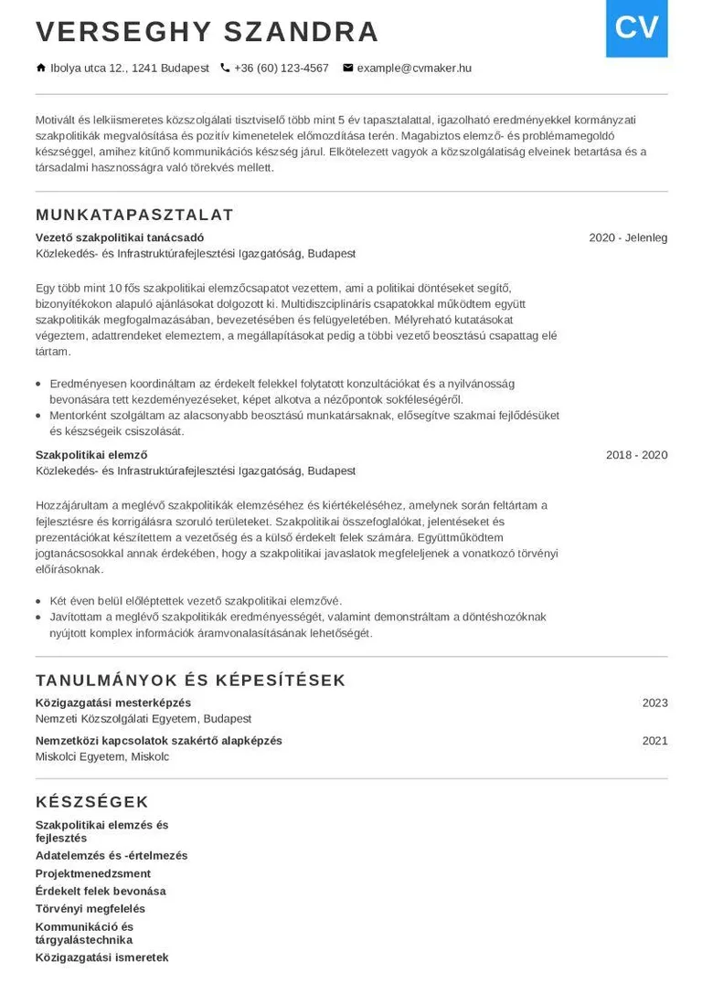 Közszolgálat önéletrajz minta